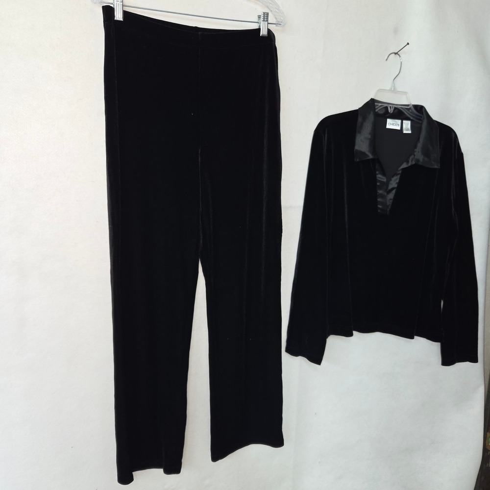 Chicos Black Velvet Long Sleeve Satin Collared Top Pants Set Womens Size 3 XL
